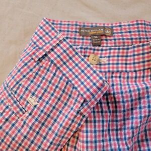 Peter Millar Crown Sport Performance Golf Shirts Mens 34 Pink Blue Check Wicking